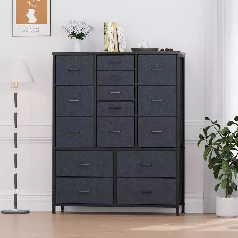 Commode à 15 tiroirs, organisateur de rangement haut avec cadre en métal et plateau en bois, commode en tissu pour le salon, unité de rangement multifonctionnelle