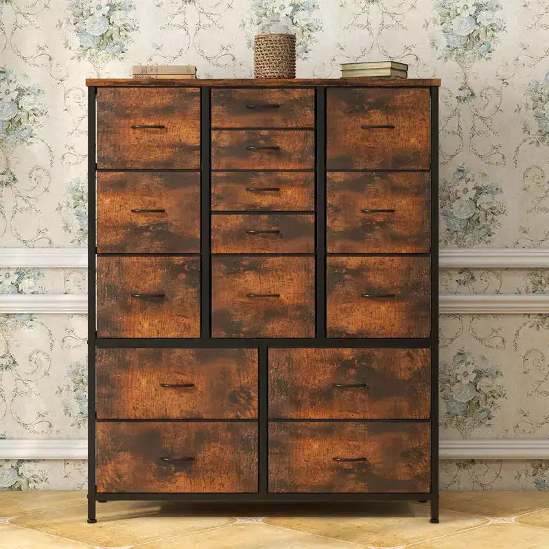 Commode à 15 tiroirs, organisateur de rangement haut avec cadre en métal et plateau en bois, commode en tissu pour le salon, unité de rangement multifonctionnelle