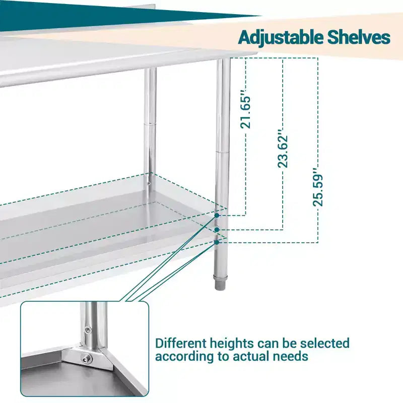 Table en acier inoxydable, table de préparation commerciale en métal robuste avec étagères ouvertes pour cuisines de restaurant, maison, hôtels, préparation alimentaire
