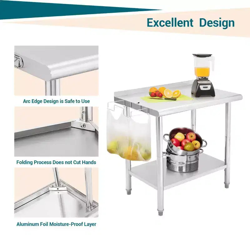 Table en acier inoxydable, table de préparation commerciale en métal robuste avec étagères ouvertes pour cuisines de restaurant, maison, hôtels, préparation alimentaire