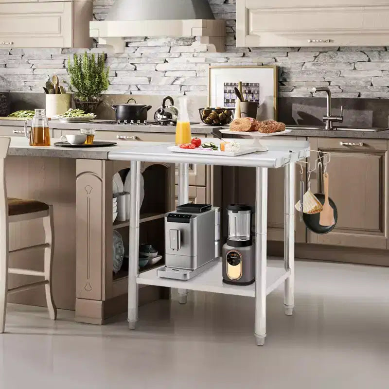 Table en acier inoxydable, table de préparation commerciale en métal robuste avec étagères ouvertes pour cuisines de restaurant, maison, hôtels, préparation alimentaire