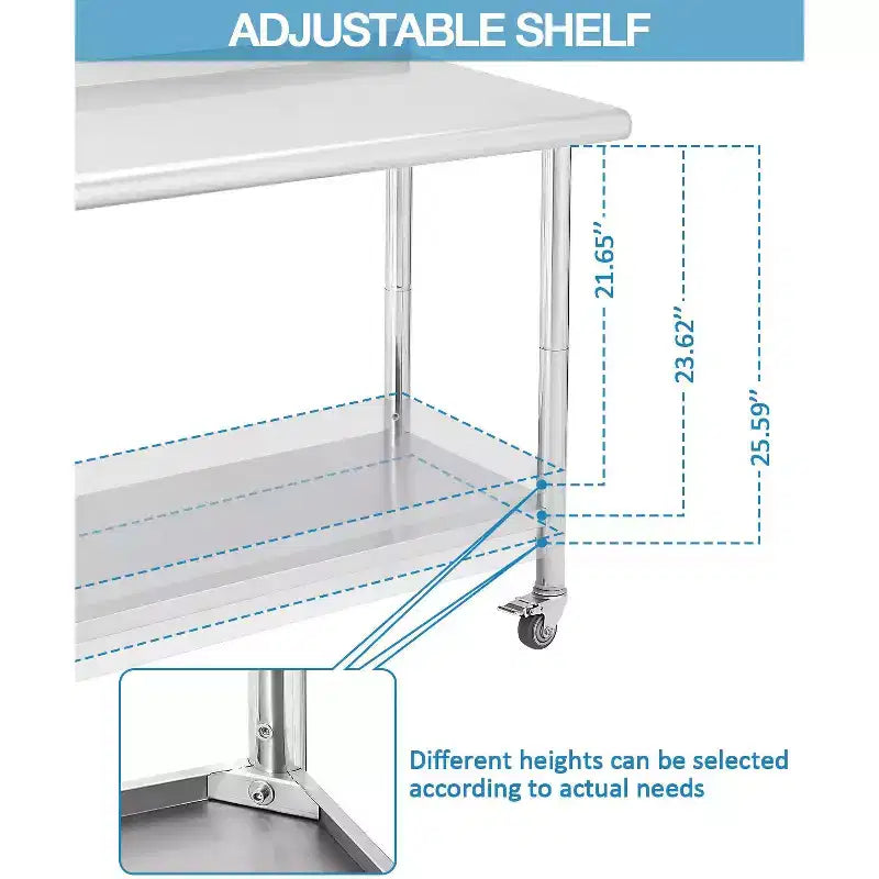 Table en acier inoxydable, table de préparation commerciale en métal robuste avec étagères ouvertes pour cuisines de restaurant, maison, hôtels, préparation alimentaire