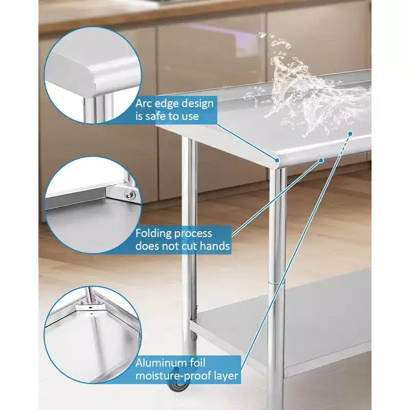 Table en acier inoxydable, table de préparation commerciale en métal robuste avec étagères ouvertes pour cuisines de restaurant, maison, hôtels, préparation alimentaire