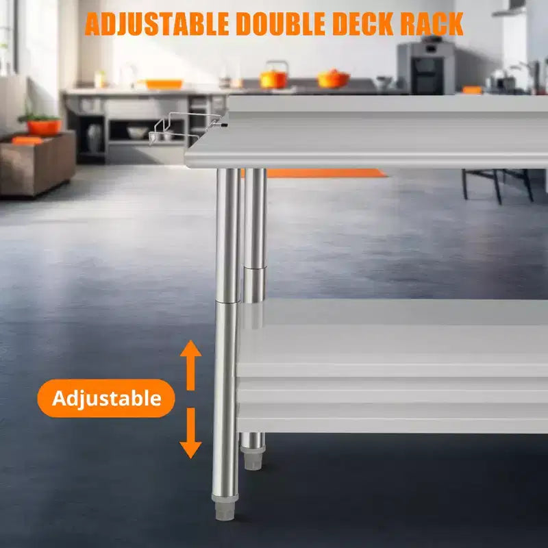 Table en acier inoxydable, table de préparation commerciale en métal robuste avec étagères ouvertes pour cuisines de restaurant, maison, hôtels, préparation alimentaire