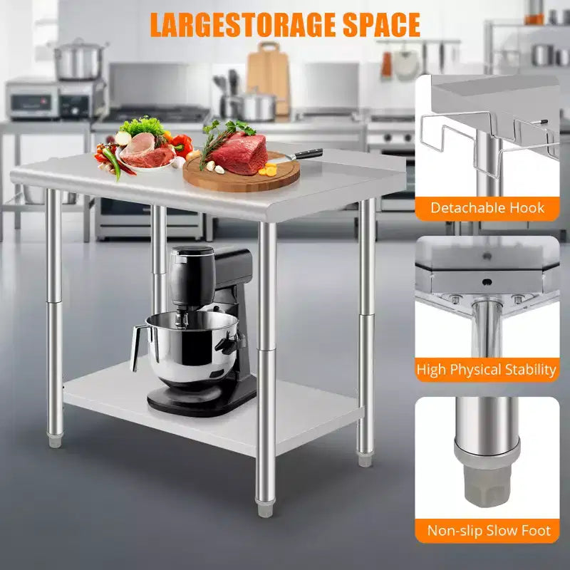 Table en acier inoxydable, table de préparation commerciale en métal robuste avec étagères ouvertes pour cuisines de restaurant, maison, hôtels, préparation alimentaire
