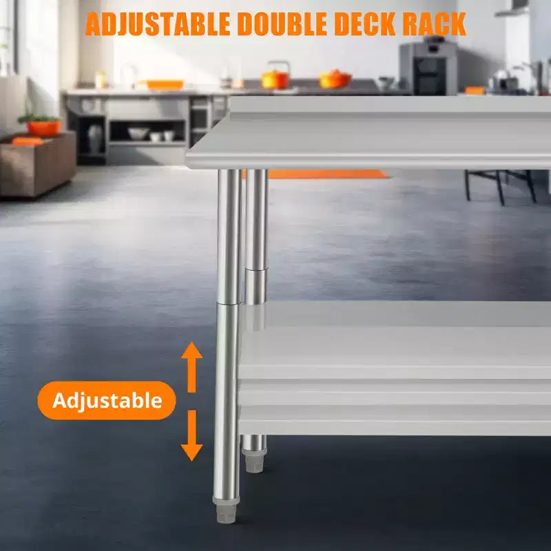 Table en acier inoxydable, table de préparation commerciale en métal robuste avec étagères ouvertes pour cuisines de restaurant, maison, hôtels, préparation alimentaire