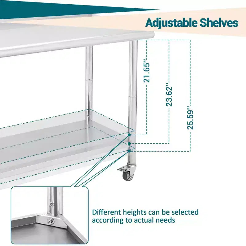 Table en acier inoxydable, table de préparation commerciale en métal robuste avec étagères ouvertes pour cuisines de restaurant, maison, hôtels, préparation alimentaire