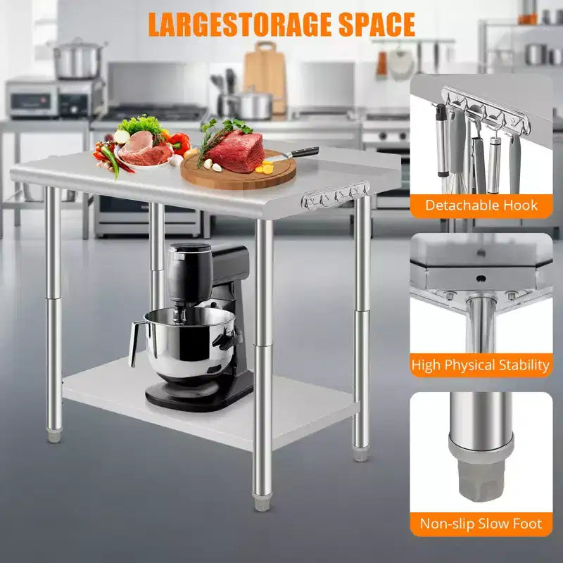 Table en acier inoxydable, table de préparation commerciale en métal robuste avec étagères ouvertes pour cuisines de restaurant, maison, hôtels, préparation alimentaire