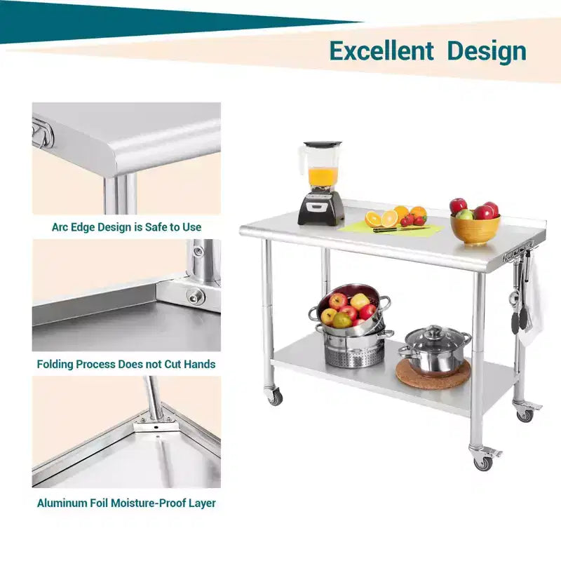 Table en acier inoxydable, table de préparation commerciale en métal robuste avec étagères ouvertes pour cuisines de restaurant, maison, hôtels, préparation alimentaire