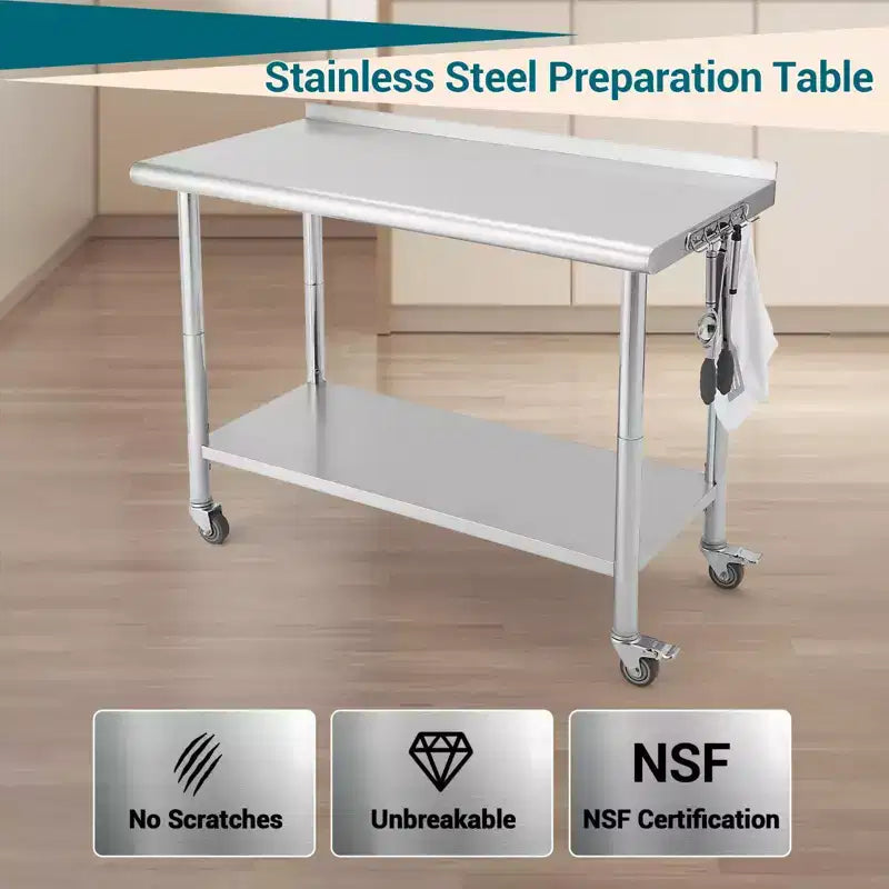 Table en acier inoxydable, table de préparation commerciale en métal robuste avec étagères ouvertes pour cuisines de restaurant, maison, hôtels, préparation alimentaire
