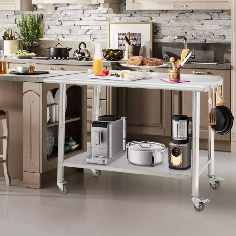 Table en acier inoxydable, table de préparation commerciale en métal robuste avec étagères ouvertes pour cuisines de restaurant, maison, hôtels, préparation alimentaire