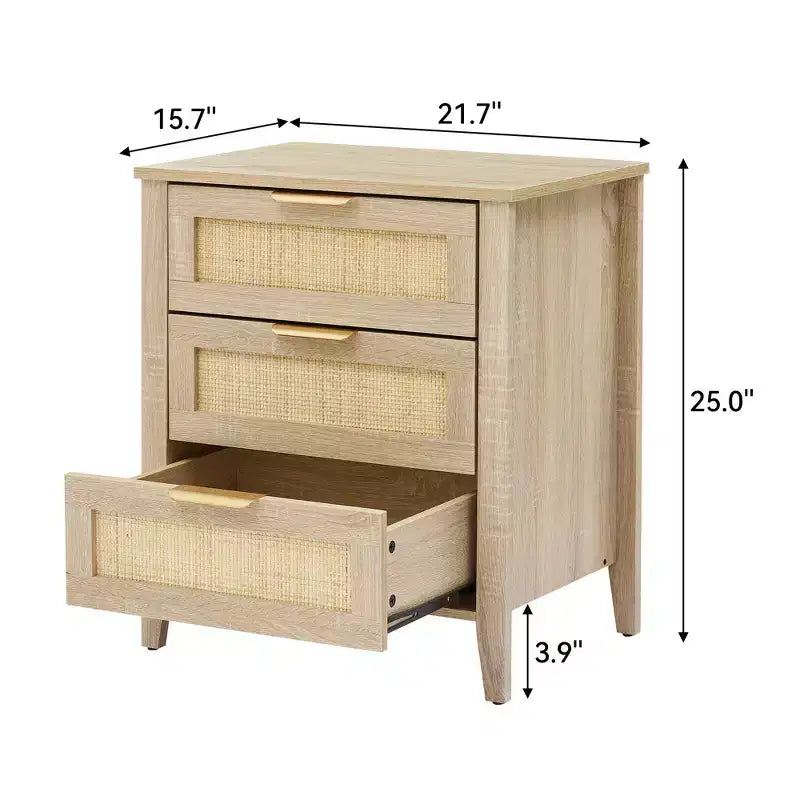 Commode en bois à 3 tiroirs, table de chevet en rotin, poignées en métal et pieds en bois massif pour chambre, salon, entrée