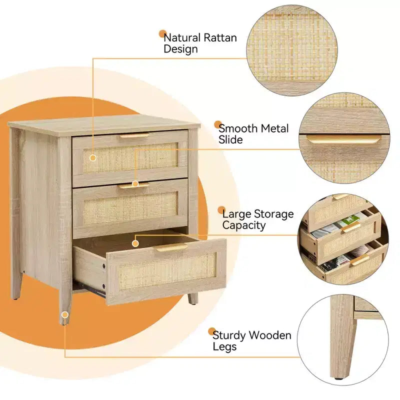 Commode en bois à 3 tiroirs, table de chevet en rotin, poignées en métal et pieds en bois massif pour chambre, salon, entrée