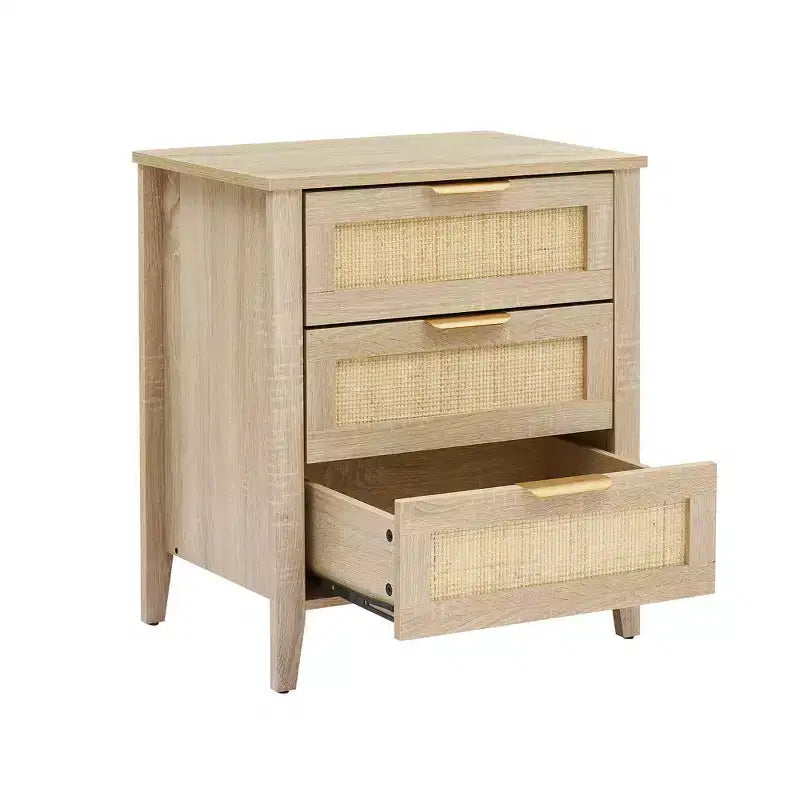 Commode en bois à 3 tiroirs, table de chevet en rotin, poignées en métal et pieds en bois massif pour chambre, salon, entrée