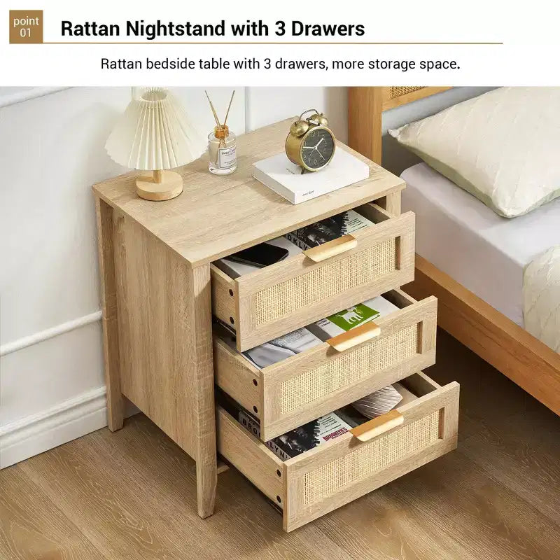 Commode en bois à 3 tiroirs, table de chevet en rotin, poignées en métal et pieds en bois massif pour chambre, salon, entrée