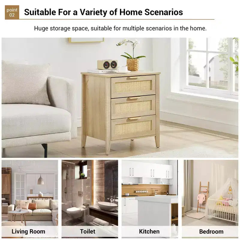 Commode en bois à 3 tiroirs, table de chevet en rotin, poignées en métal et pieds en bois massif pour chambre, salon, entrée