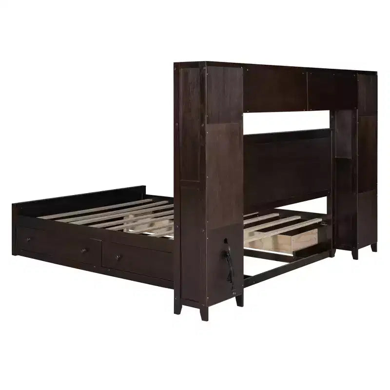 Lit plateforme Queen Size avec armoire tout-en-un et étagère de rangement, cadre de lit Queen en bois avec 4 tiroirs et prises