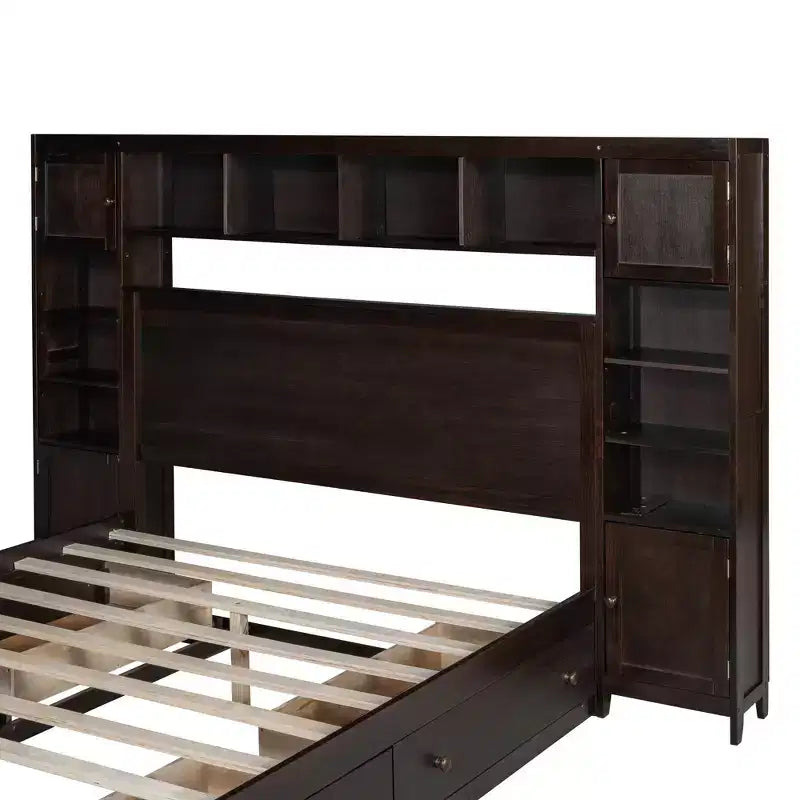 Lit plateforme Queen Size avec armoire tout-en-un et étagère de rangement, cadre de lit Queen en bois avec 4 tiroirs et prises