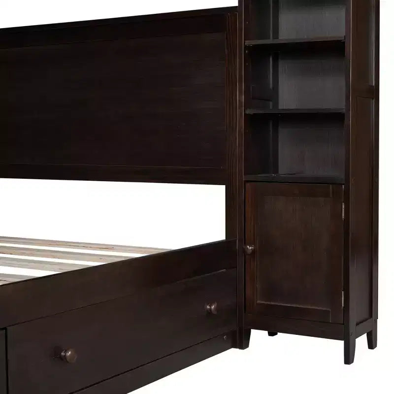 Lit plateforme Queen Size avec armoire tout-en-un et étagère de rangement, cadre de lit Queen en bois avec 4 tiroirs et prises