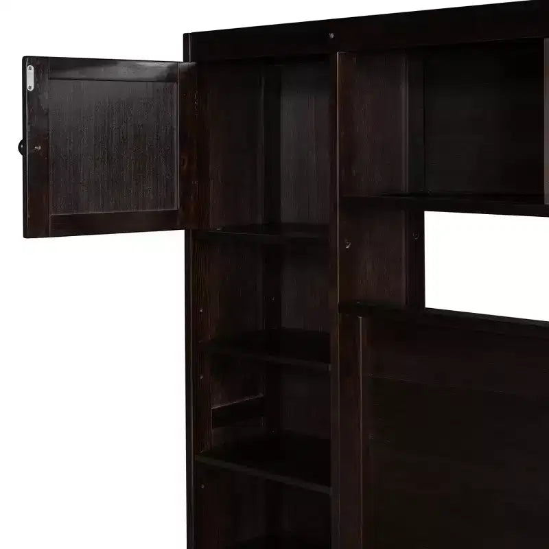 Lit plateforme Queen Size avec armoire tout-en-un et étagère de rangement, cadre de lit Queen en bois avec 4 tiroirs et prises