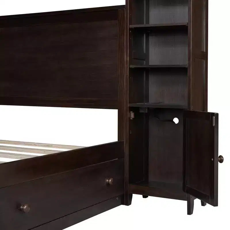 Lit plateforme Queen Size avec armoire tout-en-un et étagère de rangement, cadre de lit Queen en bois avec 4 tiroirs et prises