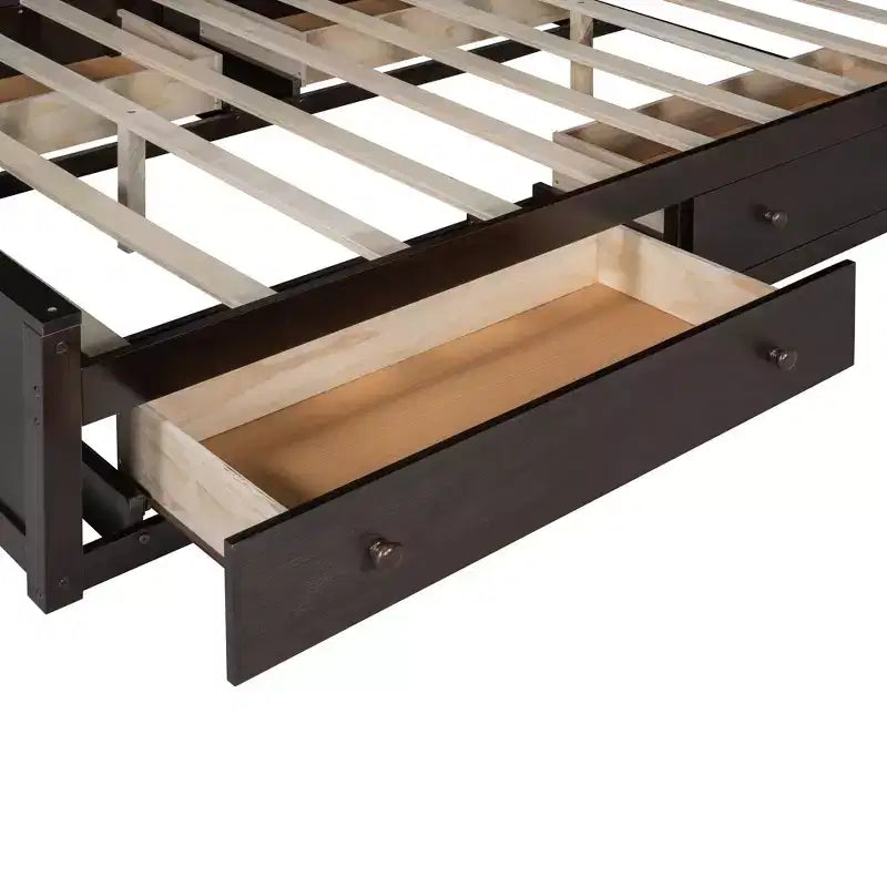 Lit plateforme Queen Size avec armoire tout-en-un et étagère de rangement, cadre de lit Queen en bois avec 4 tiroirs et prises
