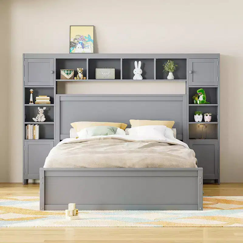 Lit plateforme Queen Size avec armoire tout-en-un et étagère de rangement, cadre de lit Queen en bois avec 4 tiroirs et prises