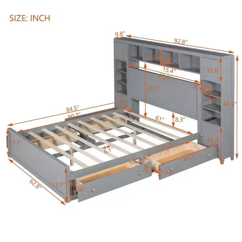 Lit plateforme Queen Size avec armoire tout-en-un et étagère de rangement, cadre de lit Queen en bois avec 4 tiroirs et prises