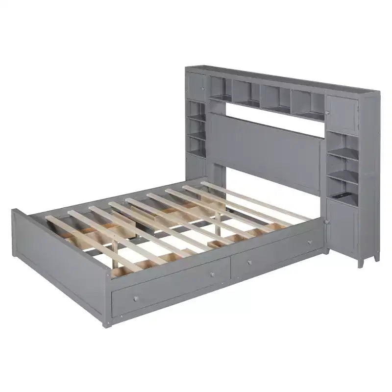 Lit plateforme Queen Size avec armoire tout-en-un et étagère de rangement, cadre de lit Queen en bois avec 4 tiroirs et prises
