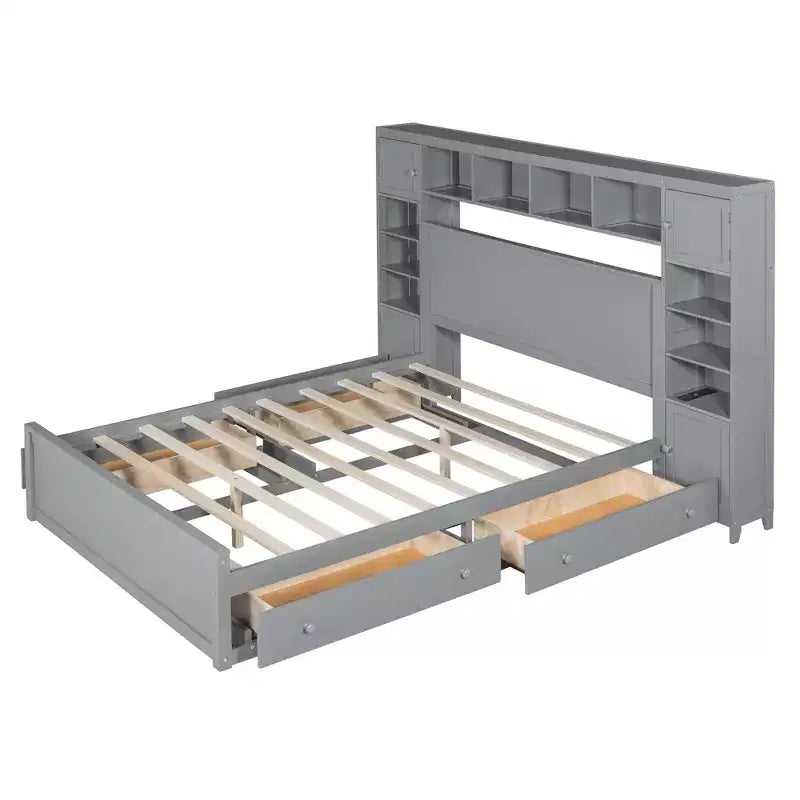 Lit plateforme Queen Size avec armoire tout-en-un et étagère de rangement, cadre de lit Queen en bois avec 4 tiroirs et prises