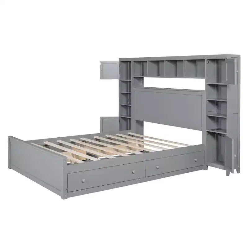 Lit plateforme Queen Size avec armoire tout-en-un et étagère de rangement, cadre de lit Queen en bois avec 4 tiroirs et prises
