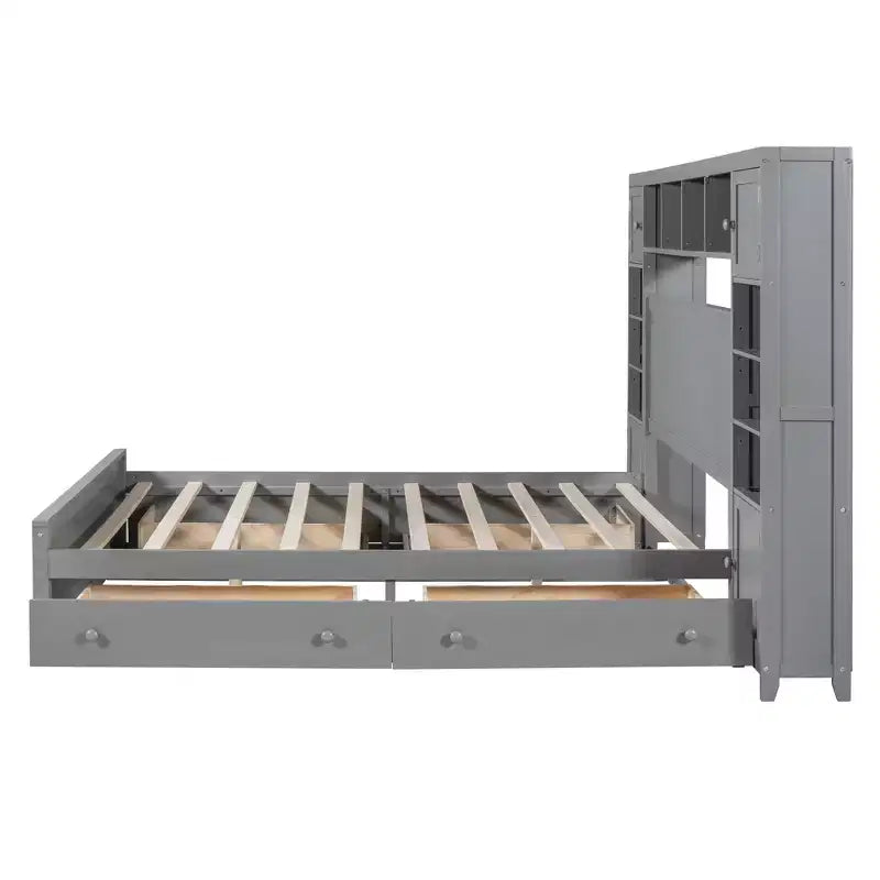 Lit plateforme Queen Size avec armoire tout-en-un et étagère de rangement, cadre de lit Queen en bois avec 4 tiroirs et prises