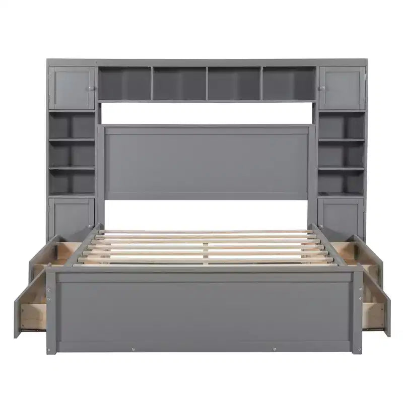 Lit plateforme Queen Size avec armoire tout-en-un et étagère de rangement, cadre de lit Queen en bois avec 4 tiroirs et prises