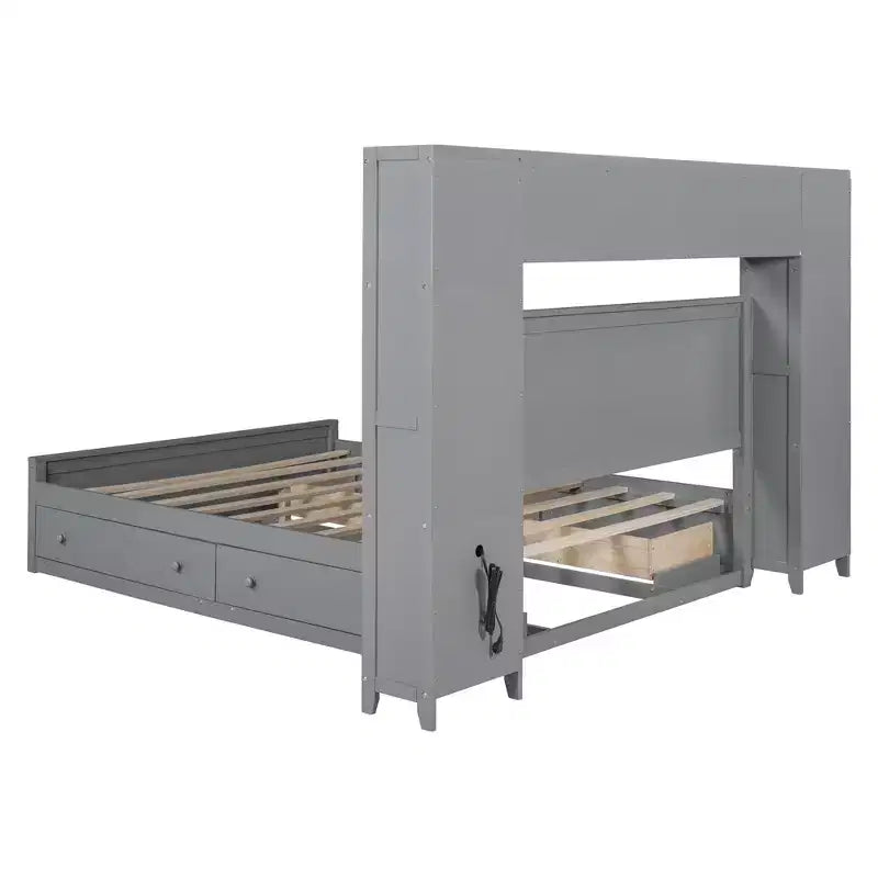 Lit plateforme Queen Size avec armoire tout-en-un et étagère de rangement, cadre de lit Queen en bois avec 4 tiroirs et prises