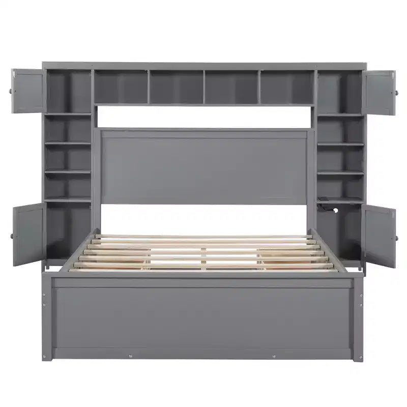 Lit plateforme Queen Size avec armoire tout-en-un et étagère de rangement, cadre de lit Queen en bois avec 4 tiroirs et prises