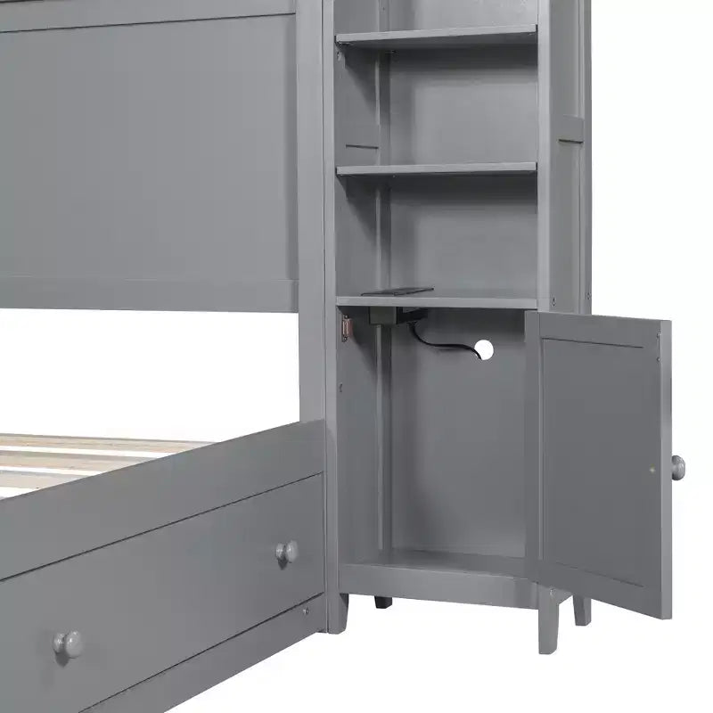 Lit plateforme Queen Size avec armoire tout-en-un et étagère de rangement, cadre de lit Queen en bois avec 4 tiroirs et prises