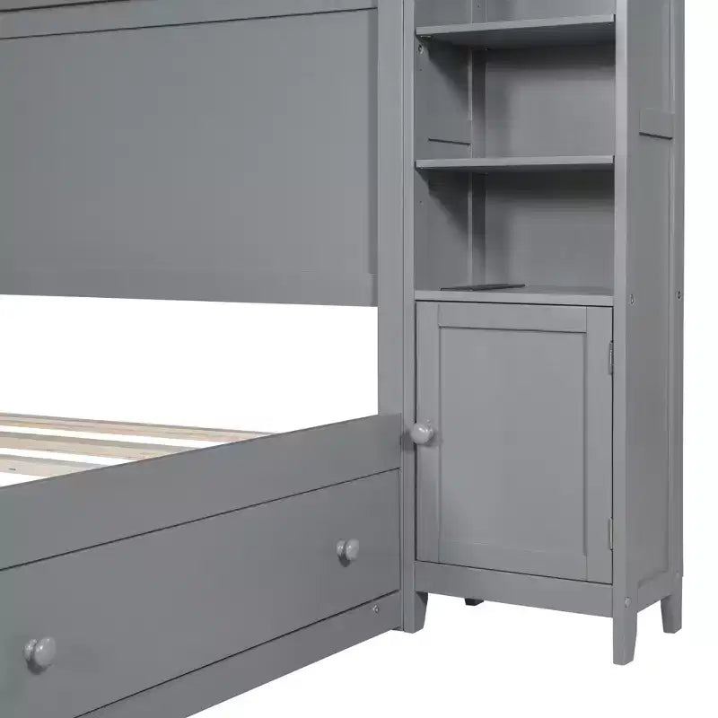 Lit plateforme Queen Size avec armoire tout-en-un et étagère de rangement, cadre de lit Queen en bois avec 4 tiroirs et prises