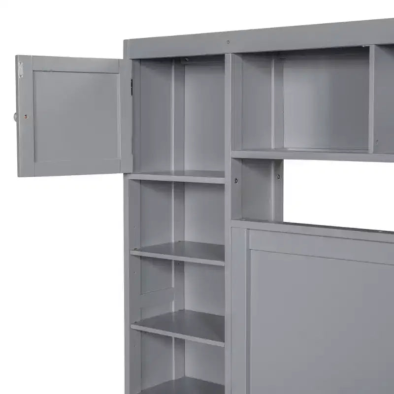 Lit plateforme Queen Size avec armoire tout-en-un et étagère de rangement, cadre de lit Queen en bois avec 4 tiroirs et prises