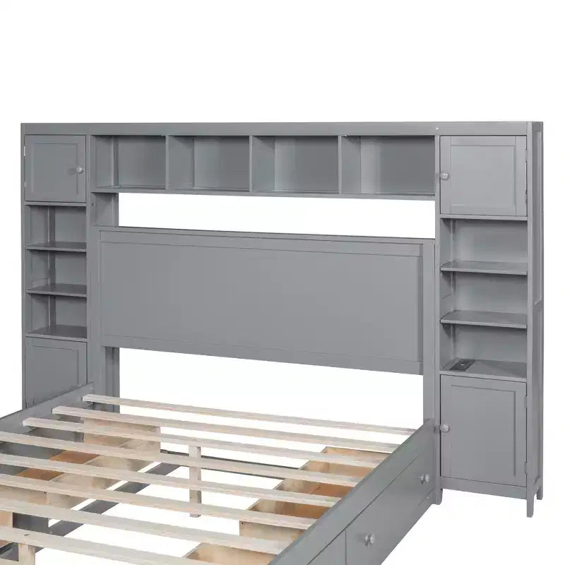 Lit plateforme Queen Size avec armoire tout-en-un et étagère de rangement, cadre de lit Queen en bois avec 4 tiroirs et prises