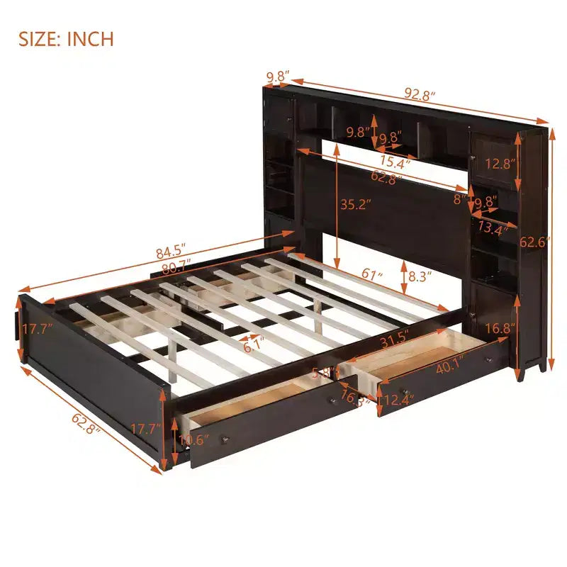 Lit plateforme Queen Size avec armoire tout-en-un et étagère de rangement, cadre de lit Queen en bois avec 4 tiroirs et prises