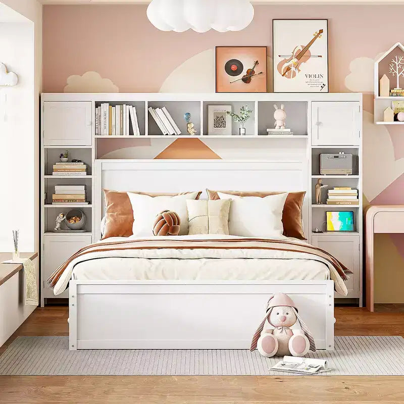 Lit plateforme Queen Size avec armoire tout-en-un et étagère de rangement, cadre de lit Queen en bois avec 4 tiroirs et prises