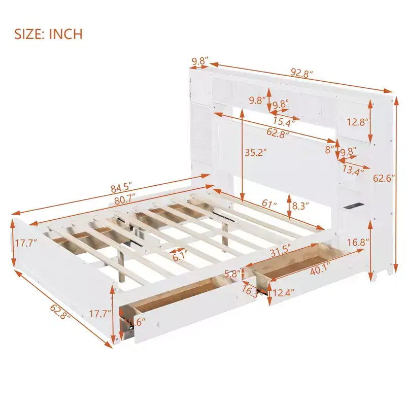 Lit plateforme Queen Size avec armoire tout-en-un et étagère de rangement, cadre de lit Queen en bois avec 4 tiroirs et prises