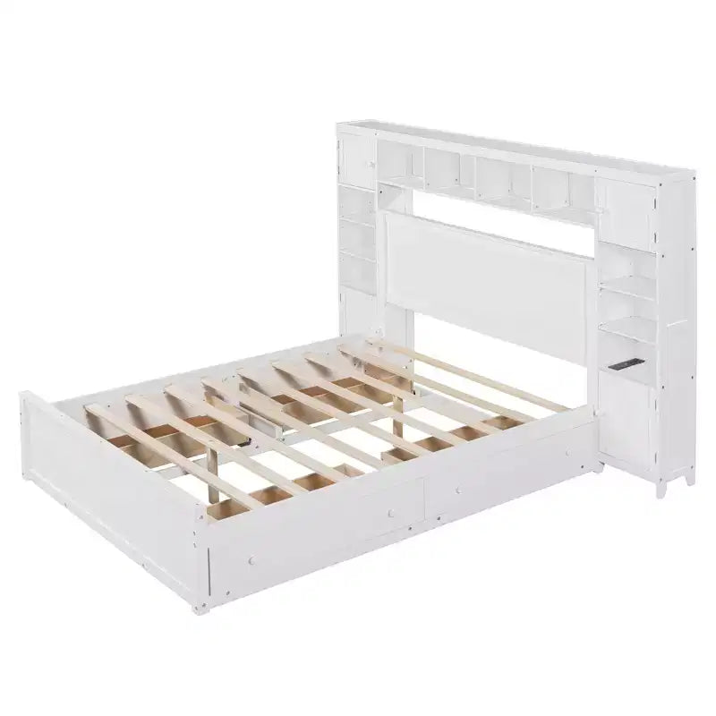 Lit plateforme Queen Size avec armoire tout-en-un et étagère de rangement, cadre de lit Queen en bois avec 4 tiroirs et prises