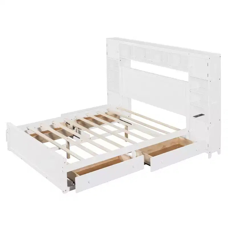 Lit plateforme Queen Size avec armoire tout-en-un et étagère de rangement, cadre de lit Queen en bois avec 4 tiroirs et prises