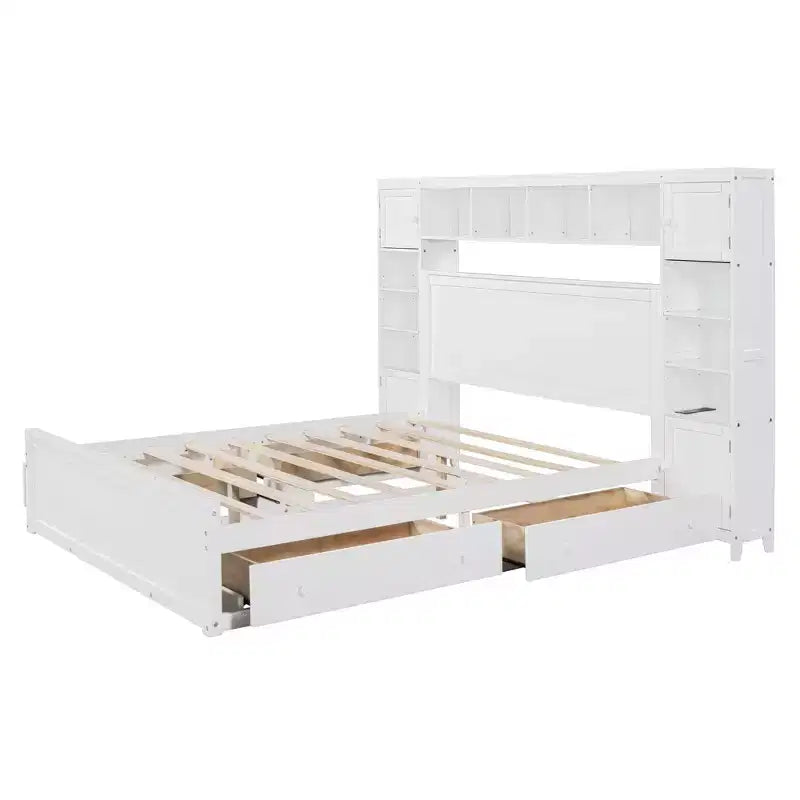 Lit plateforme Queen Size avec armoire tout-en-un et étagère de rangement, cadre de lit Queen en bois avec 4 tiroirs et prises