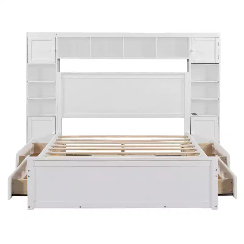 Lit plateforme Queen Size avec armoire tout-en-un et étagère de rangement, cadre de lit Queen en bois avec 4 tiroirs et prises