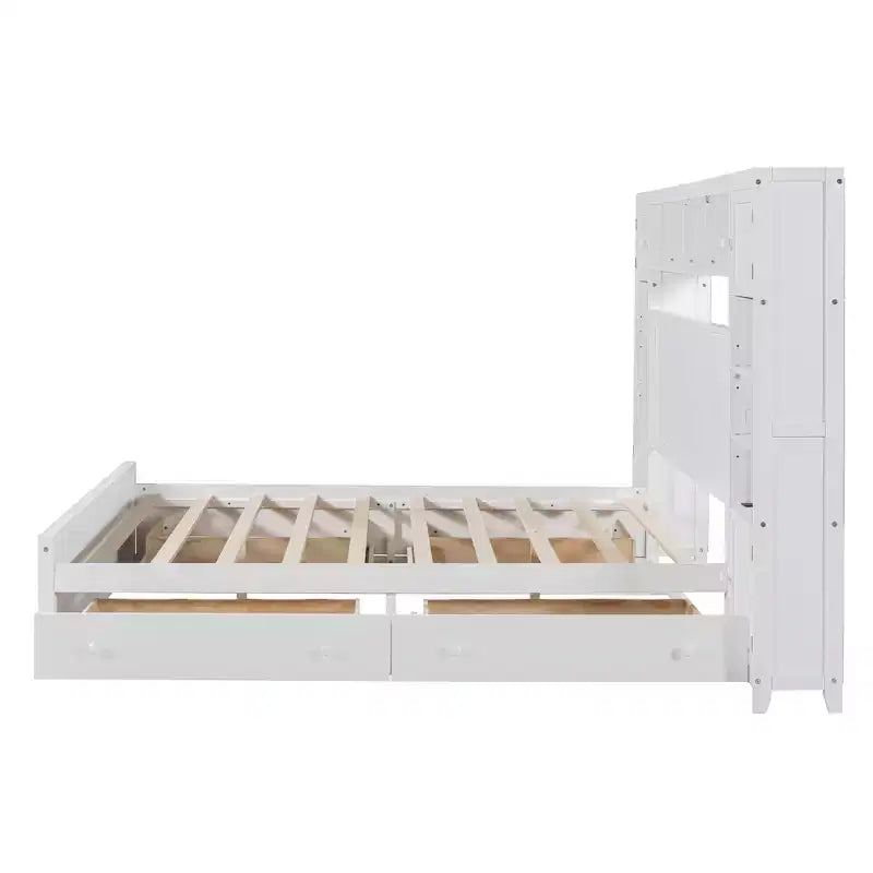 Lit plateforme Queen Size avec armoire tout-en-un et étagère de rangement, cadre de lit Queen en bois avec 4 tiroirs et prises