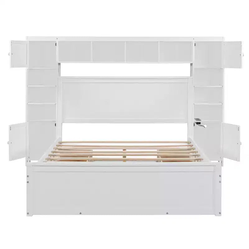 Lit plateforme Queen Size avec armoire tout-en-un et étagère de rangement, cadre de lit Queen en bois avec 4 tiroirs et prises