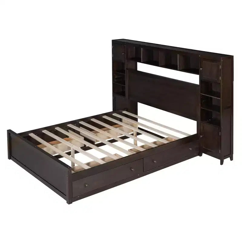 Lit plateforme Queen Size avec armoire tout-en-un et étagère de rangement, cadre de lit Queen en bois avec 4 tiroirs et prises