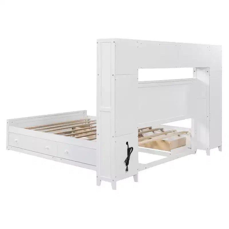 Lit plateforme Queen Size avec armoire tout-en-un et étagère de rangement, cadre de lit Queen en bois avec 4 tiroirs et prises